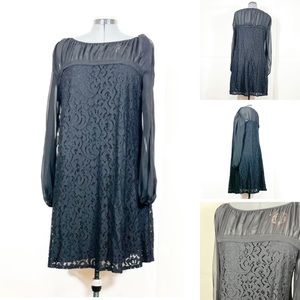 Taylor NWOT Sz 14 Black Lace Shirred Illusion neckline  Long Sleeves Dress